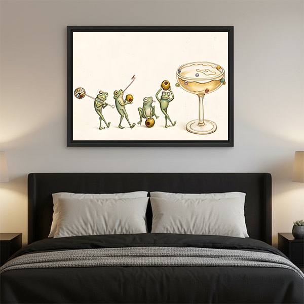 Gallery-wrap frog cocktail canvas wall art showing green frogs and a large glass above a wooden console.