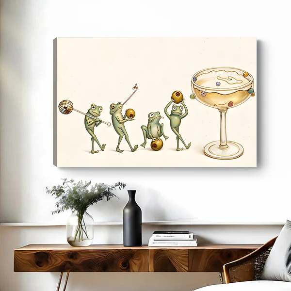 Woman holding framed frog cocktail canvas wall art with a playful frog procession and large cocktail glass.