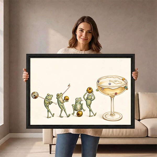 Framed frog cocktail canvas wall art displayed above a black table with plants and books.