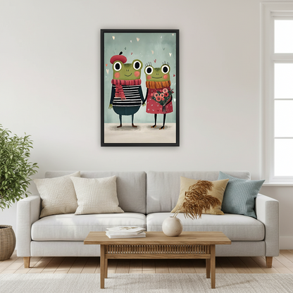 Framed whimsical frog couple canvas wall art hanging beside a bed with a leafy plant