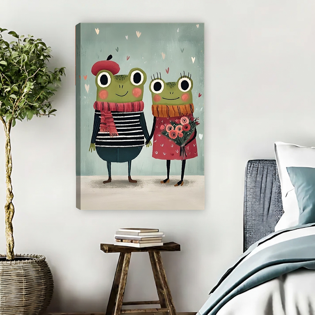 Whimsical frog couple canvas wall art displayed above a sofa in a bright living room