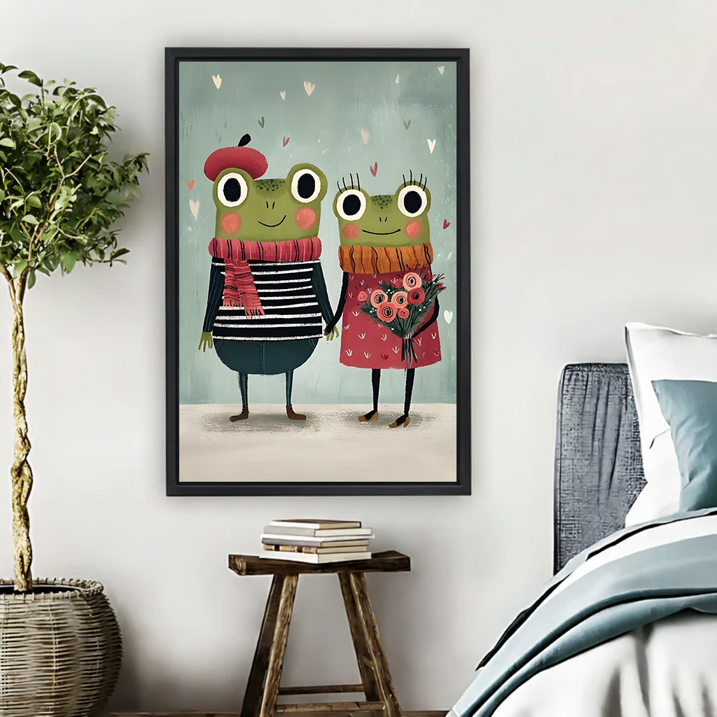 Woman holding framed whimsical frog couple canvas wall art featuring two dressed frogs and tiny hearts