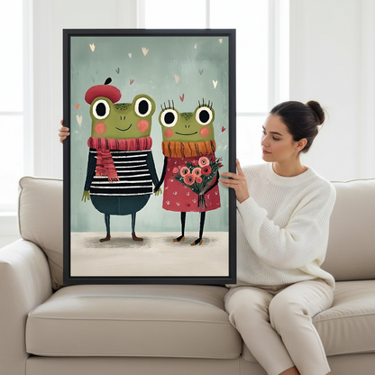 Framed whimsical frog couple canvas wall art displayed above a desk with flowers and plants nearby