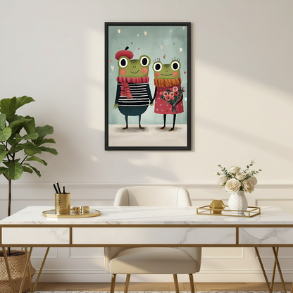 Gallery-wrap whimsical frog couple canvas wall art displayed above a bedside table in a calm bedroom