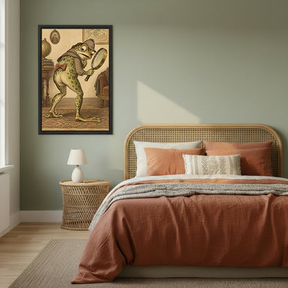 Framed frog detective canvas wall art in a sage green bedroom