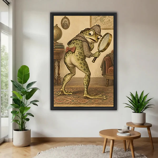 Black-framed frog detective canvas wall art displayed between potted plants