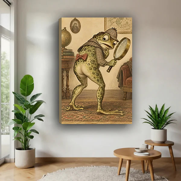 Gallery-wrap frog detective canvas wall art in a bright corner beside plants