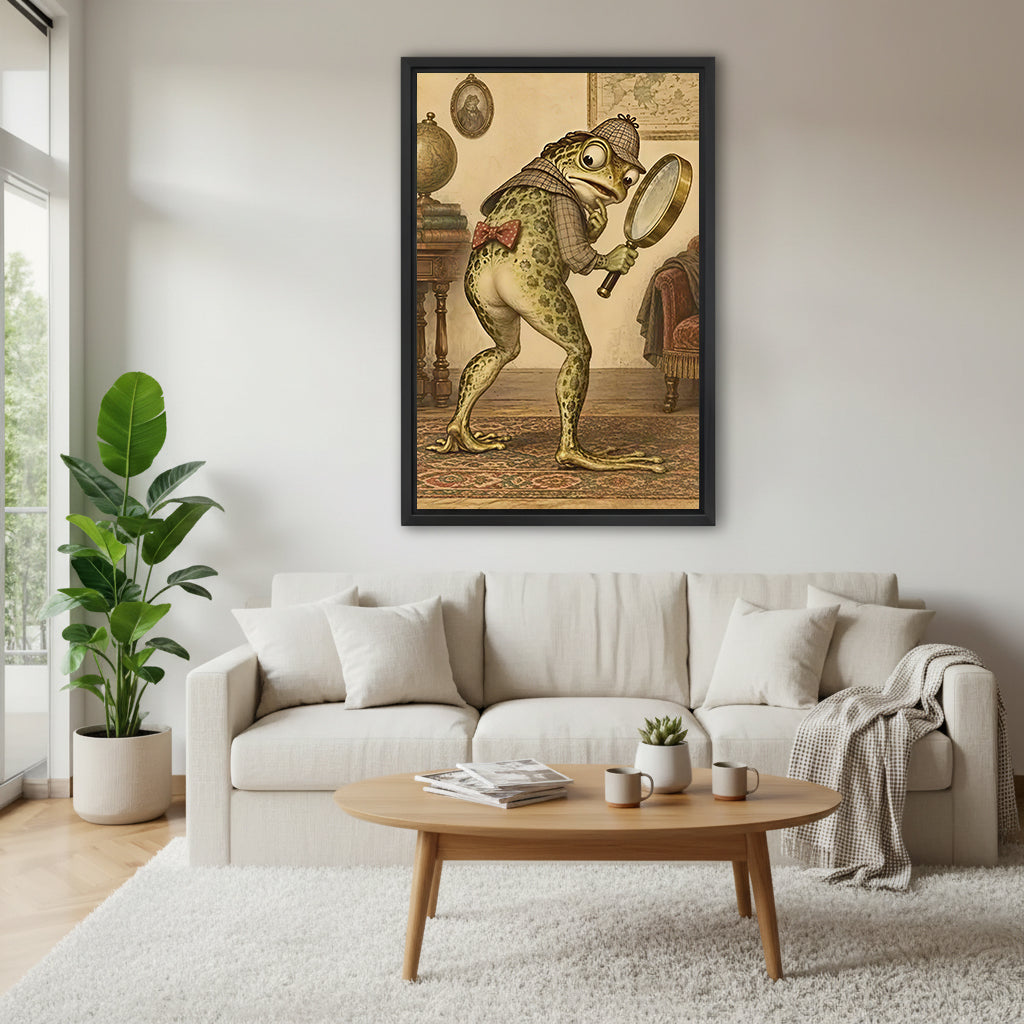 Vintage frog detective canvas wall art above a cream living room sofa