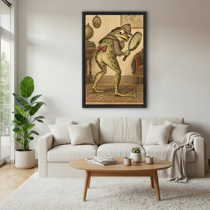Vintage frog detective canvas wall art above a cream living room sofa