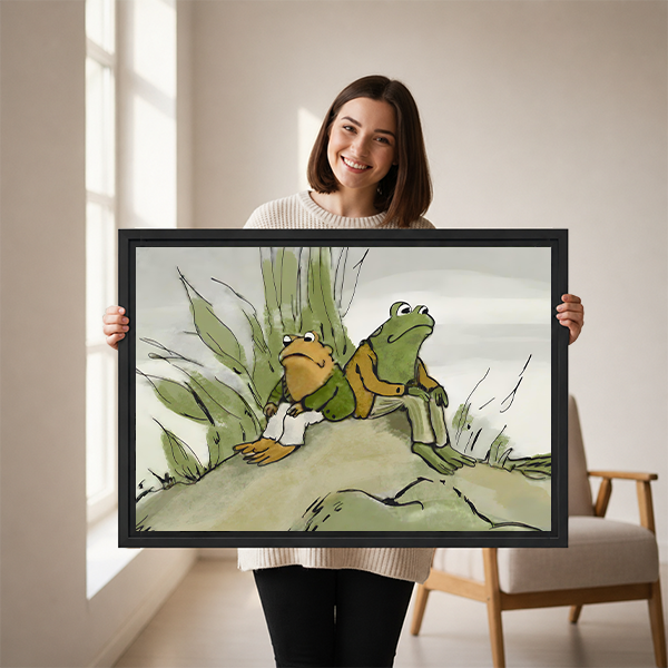 Framed frog friends canvas wall art in muted sage tones displayed above a white bed with layered pillows.