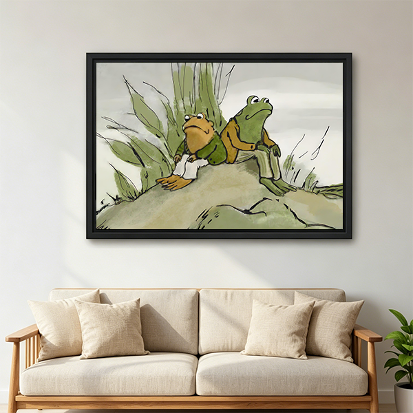 Whimsical frog friends canvas wall art in a black frame above a cream sofa with neutral cushions.
