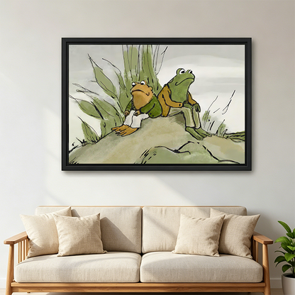 Whimsical frog friends canvas wall art in a black frame above a cream sofa with neutral cushions.