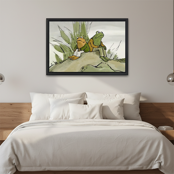 Unframed frog friends canvas wall art with soft green storybook illustrations displayed above a wooden console.