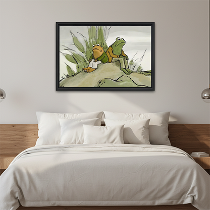 Unframed frog friends canvas wall art with soft green storybook illustrations displayed above a wooden console.