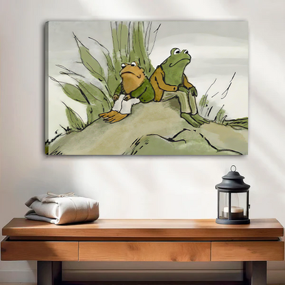 Woman holding black-framed frog friends canvas wall art featuring two thoughtful companions and loosely sketched green foliage.