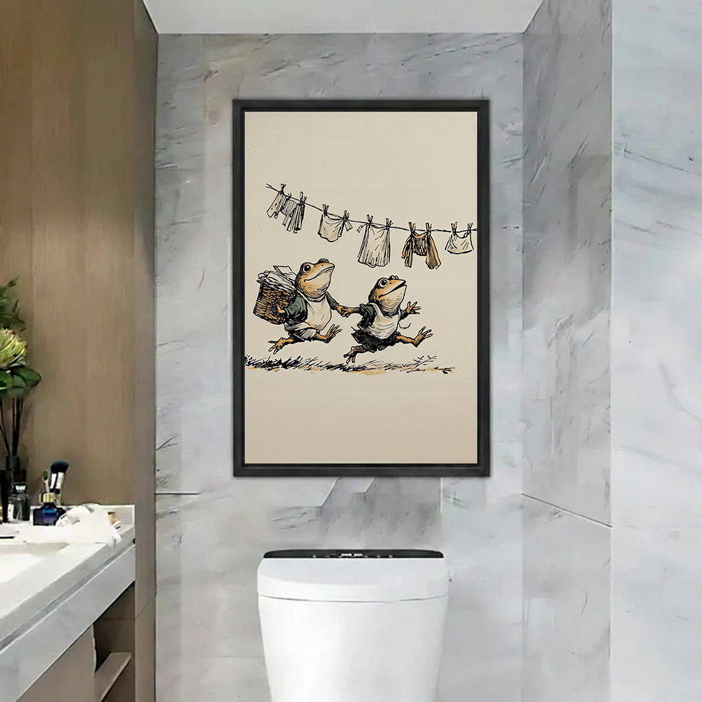 Black-framed frog laundry canvas wall art showing two frogs beneath a clothesline displayed above a bathroom toilet.