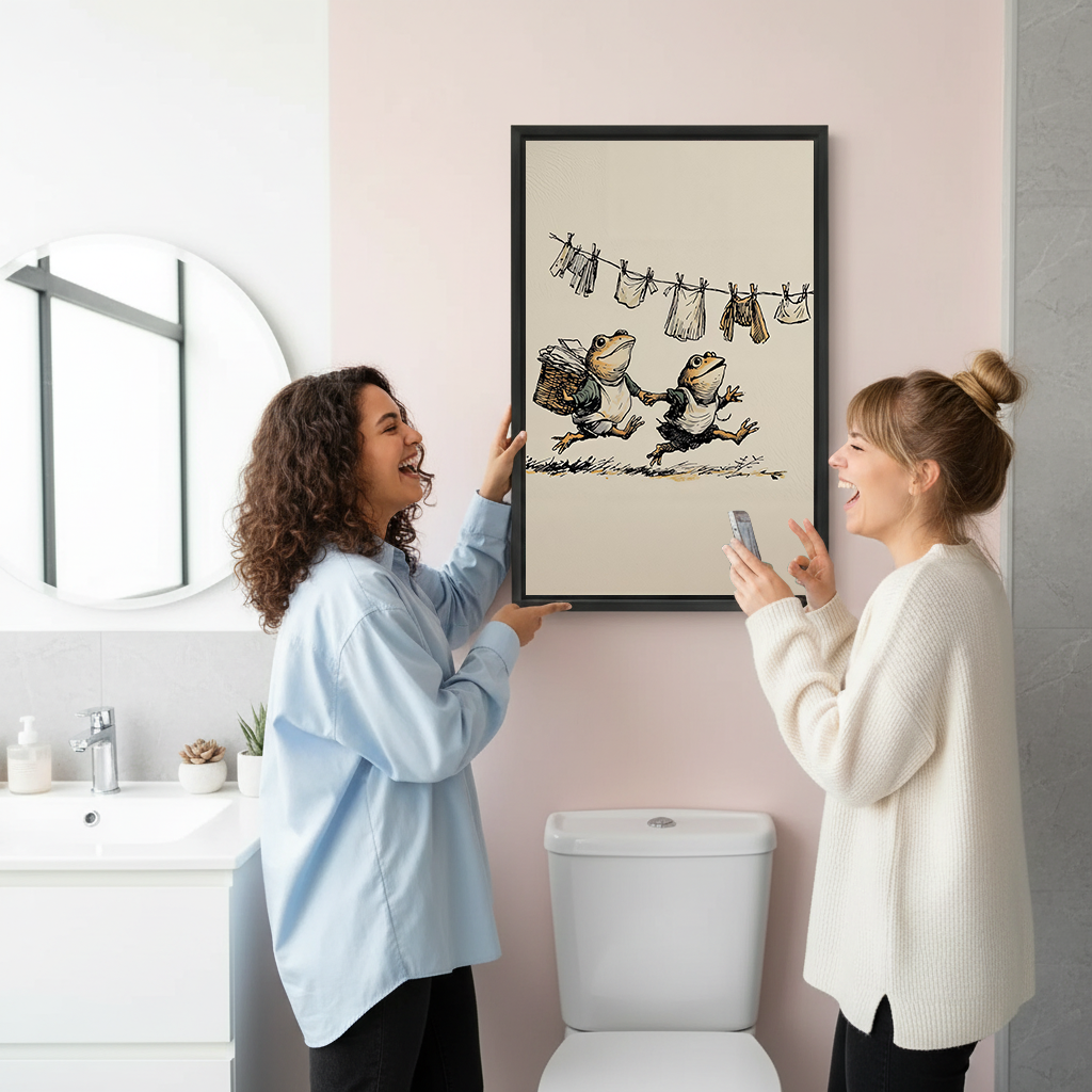 Black-framed frog laundry canvas wall art with a cream background and storybook illustration displayed above a colorful sofa.