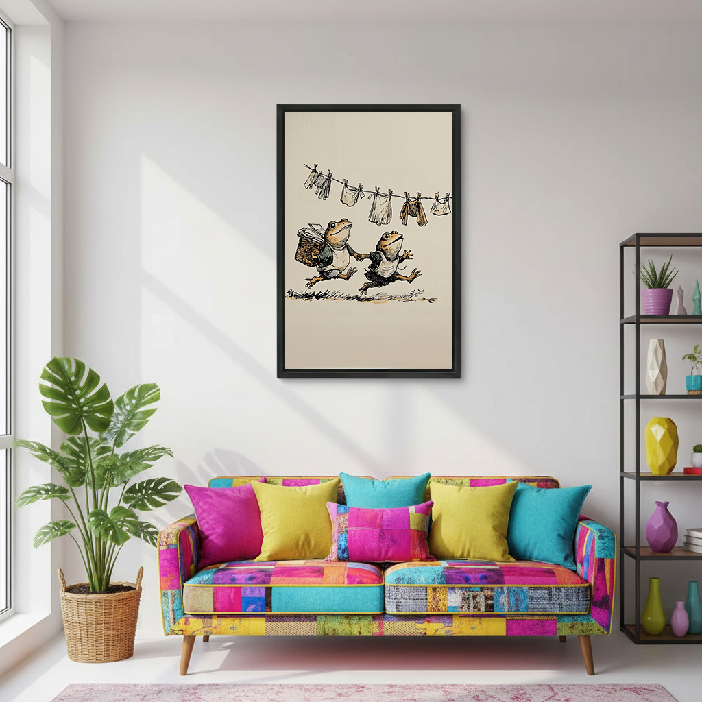 Framed frog laundry canvas wall art showing frogs beneath a clothesline beside a round mirror and wooden bathroom vanity.