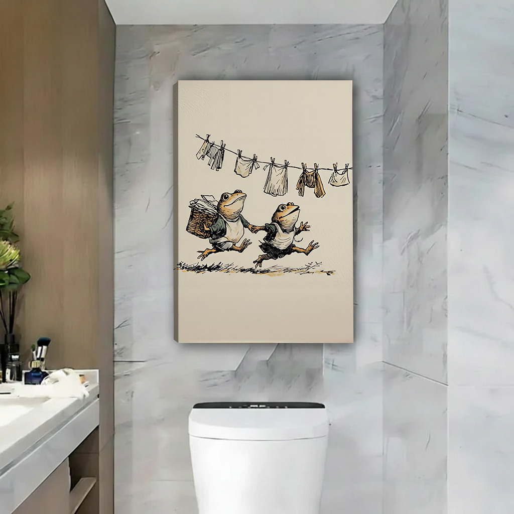 Two women smiling beside framed frog laundry canvas wall art featuring a vintage illustration of frogs and hanging clothes.