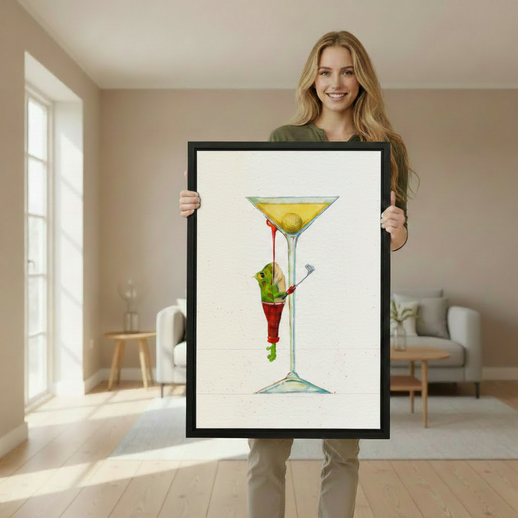 Woman holding large framed frog martini watercolor canvas art showing print size reference in bright room