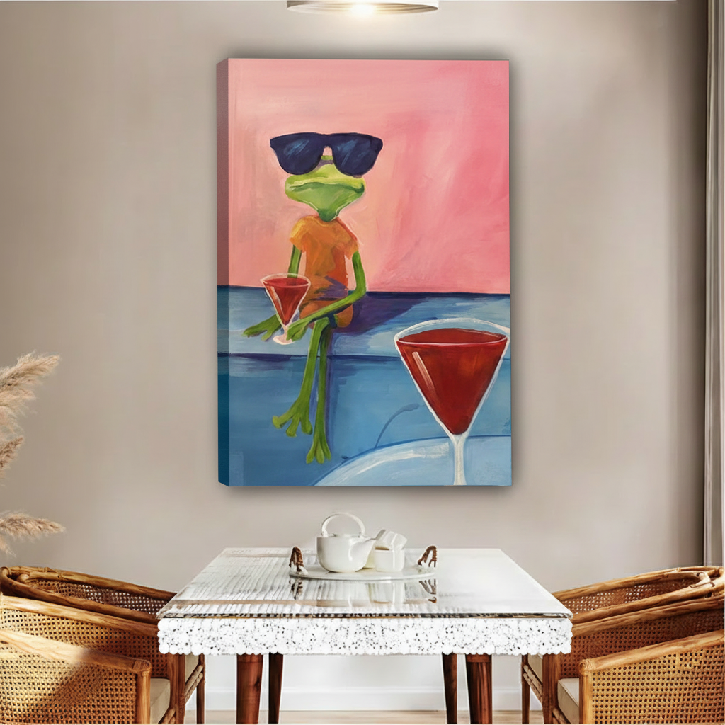 Colorful frog martini canvas wall art displayed in a dining area
