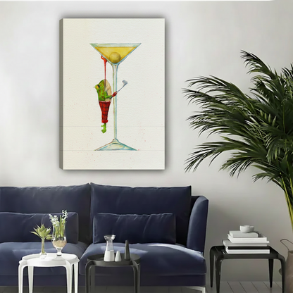 Watercolor frog martini canvas wall art displayed unframed above navy blue sofa in modern living room