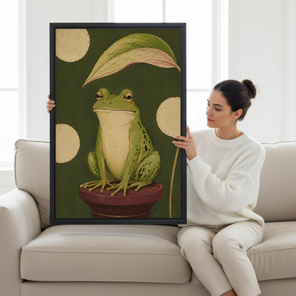 Framed vintage frog portrait canvas wall art hanging above a light sofa in a modern living room