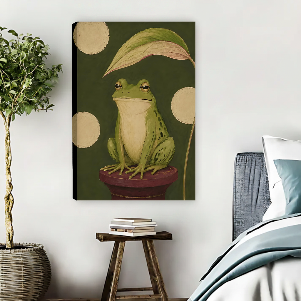 Woman holding framed vintage frog portrait canvas wall art in front of a bright living room sofa