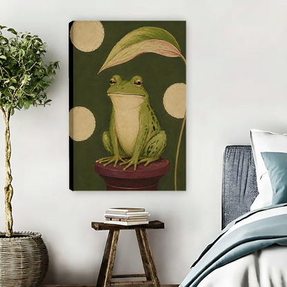 Woman holding framed vintage frog portrait canvas wall art in front of a bright living room sofa