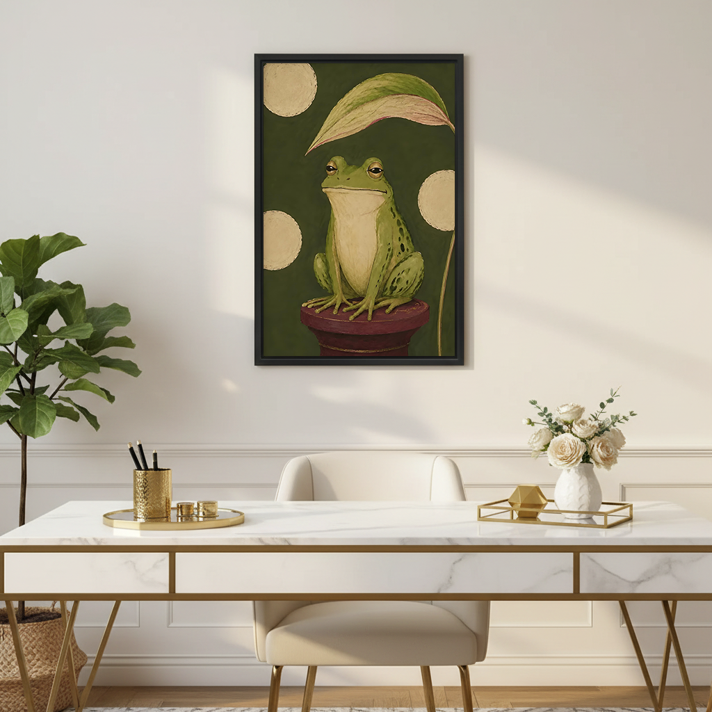 Vintage frog portrait canvas wall art displayed above a desk in an elegant home office