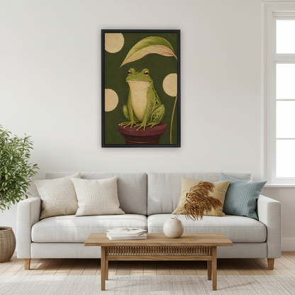 Gallery-wrap vintage frog portrait canvas wall art displayed above a bedside table in a calm bedroom