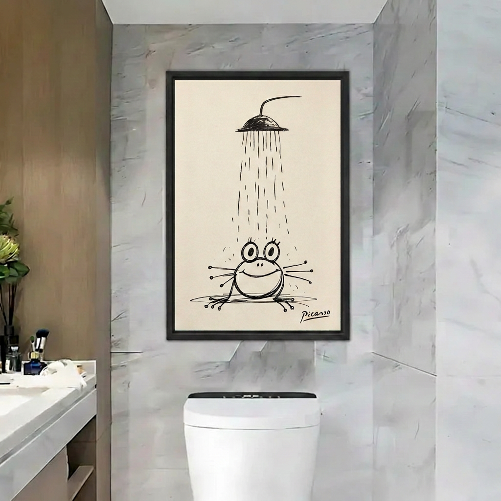 Black framed frog shower canvas wall art with cream background displayed in a marble bathroom.