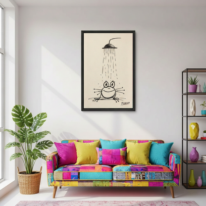 Framed frog shower canvas wall art above a colorful sofa beside a leafy plant.