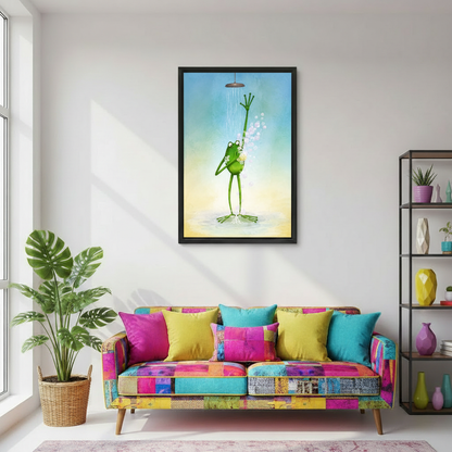 Funny green frog in shower framed wall art hung above sofa in a bright modern living room