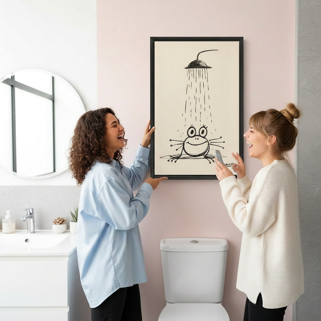 Frog shower canvas wall art in a black frame with two women smiling in a pink bathroom.
