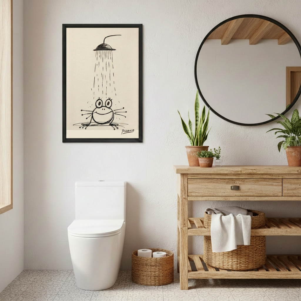 Frog shower canvas wall art beside a round mirror and rustic wooden bathroom vanity.