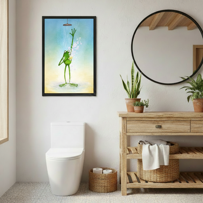 Whimsical frog shower canvas print displayed as cheerful bedroom wall decor for kids and frog lovers