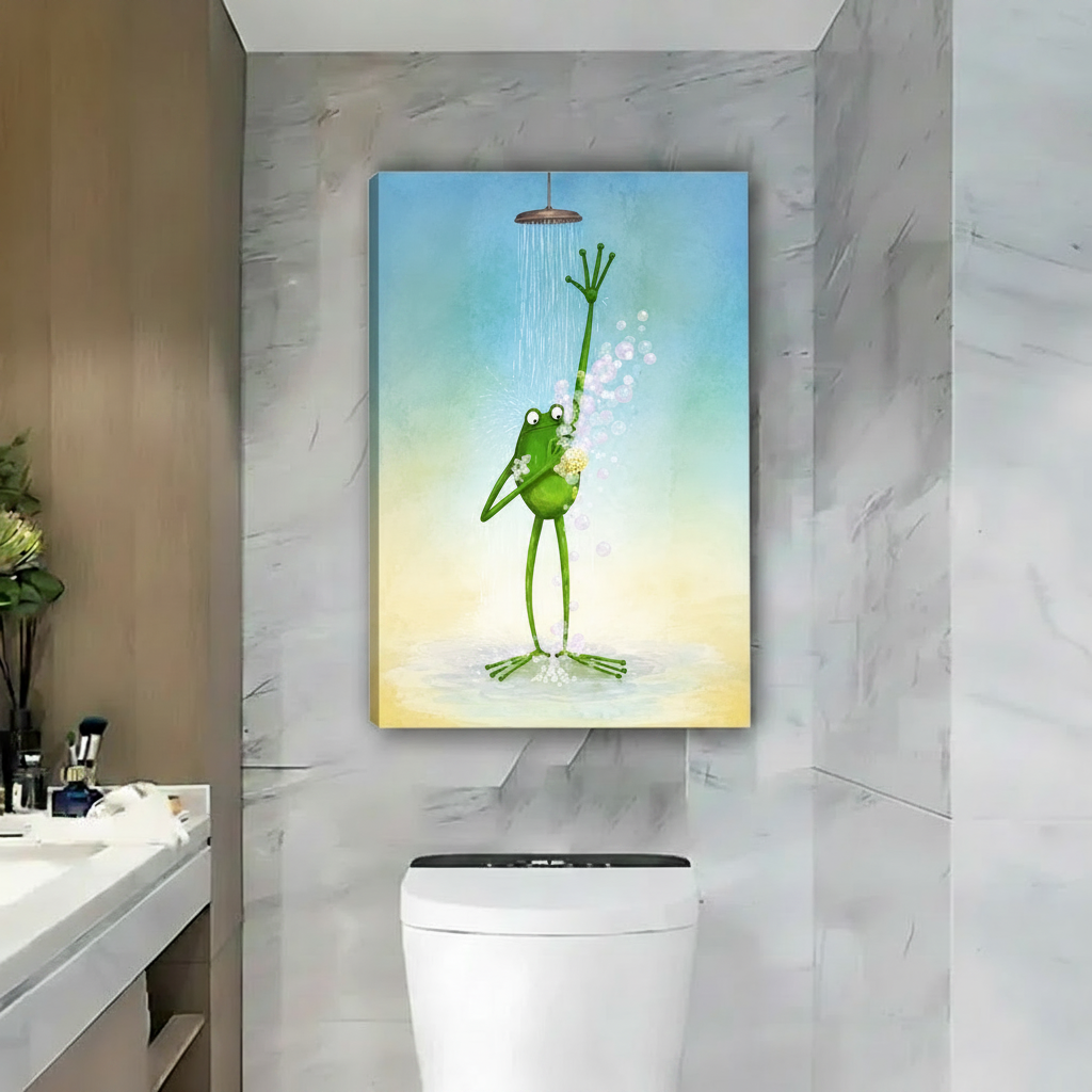 Unframed gallery wrap canvas print of funny frog in shower folk art with blue yellow gradient background, luxury marble bathroom