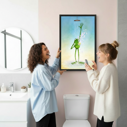 Hand-held display of whimsical frog shower canvas print showing artwork size and vibrant color detail