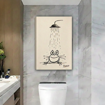 Unframed frog shower canvas wall art on gray marble tiles above a modern white toilet.