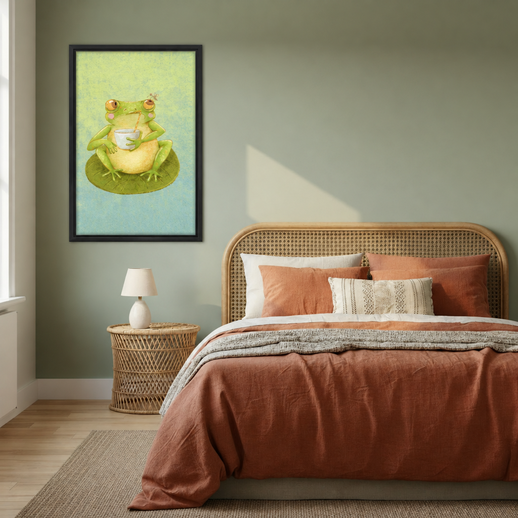 Frog sipping canvas wall art in a black frame decorates a bedroom wall above the bed.
