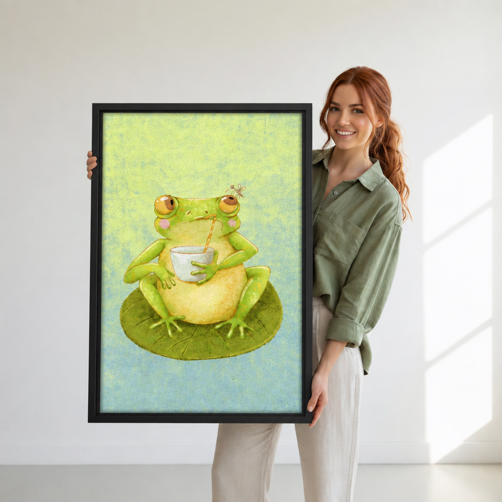 A woman holds framed frog sipping canvas wall art with a green frog enjoying a drink on a lily pad.