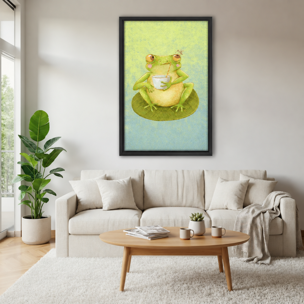 Framed frog sipping canvas wall art hangs above a sofa in a bright living room.