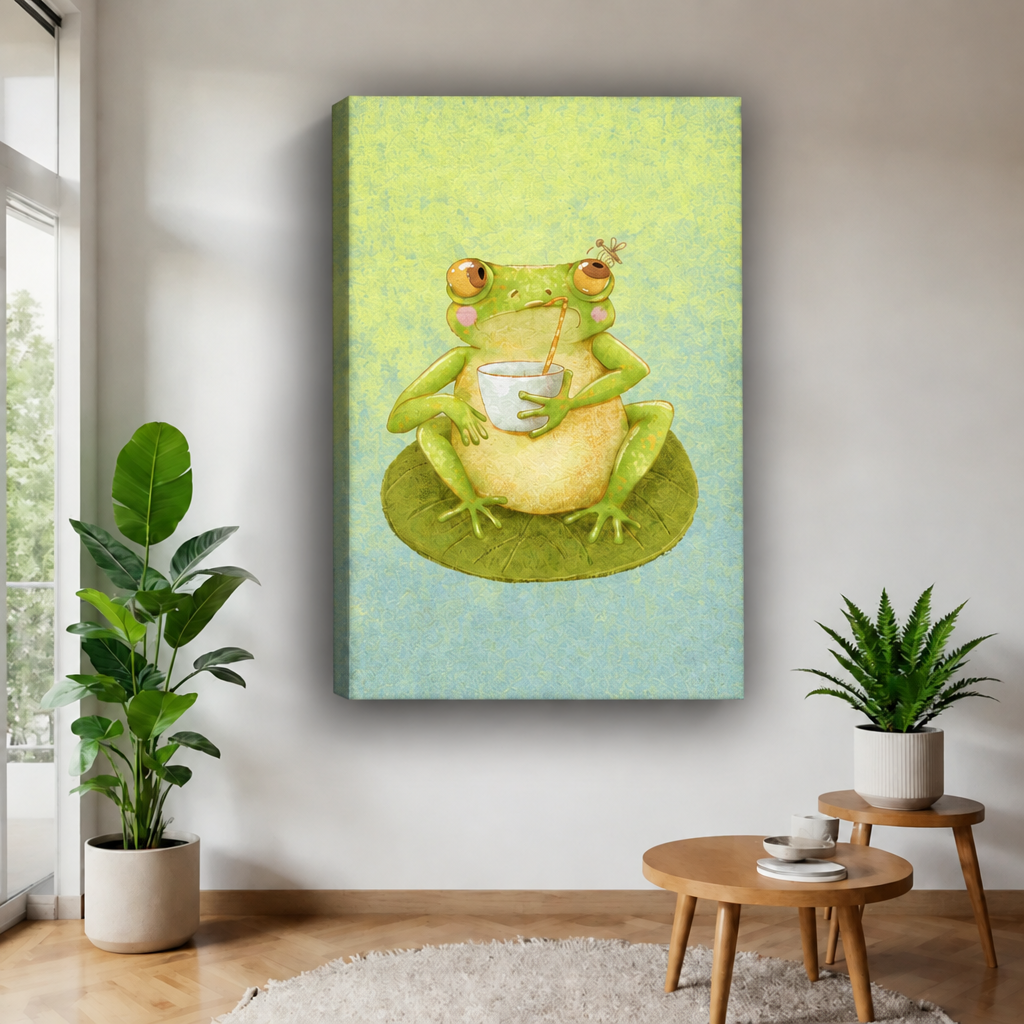 Frog sipping canvas wall art in a black frame shows a green frog holding a cup while sitting on a lily pad.