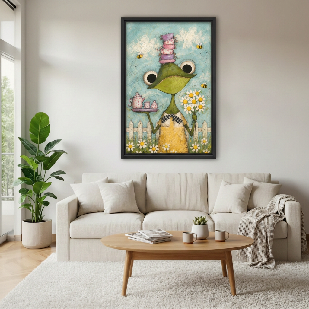 Black framed frog tea party wall art above a beige sofa with a wooden coffee table.