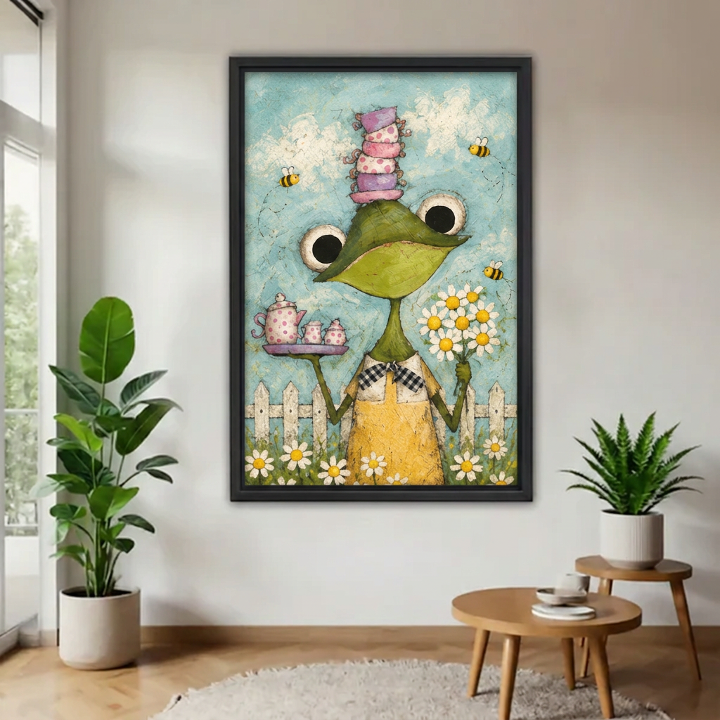 Black framed frog tea party wall art beside a bright window, leafy plants, and wooden nesting tables.