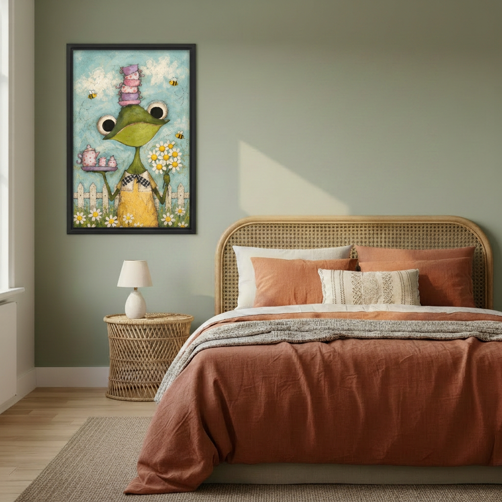 Framed frog tea party wall art on a sage green bedroom wall beside a rattan bed.