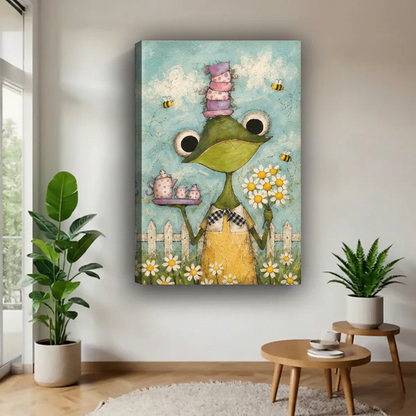 Unframed frog tea party wall art with daisies and bees displayed beside a window and potted plants.