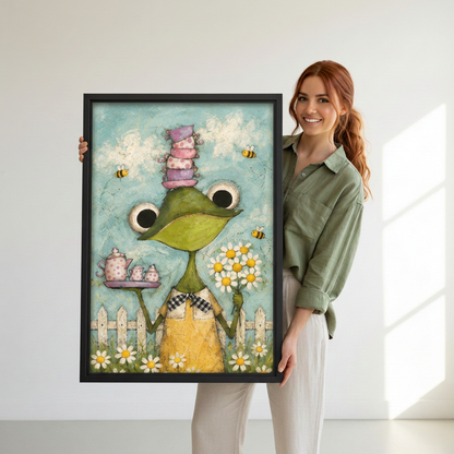  Smiling woman holding black framed frog tea party wall art featuring pink teacups, daisies, and bees.