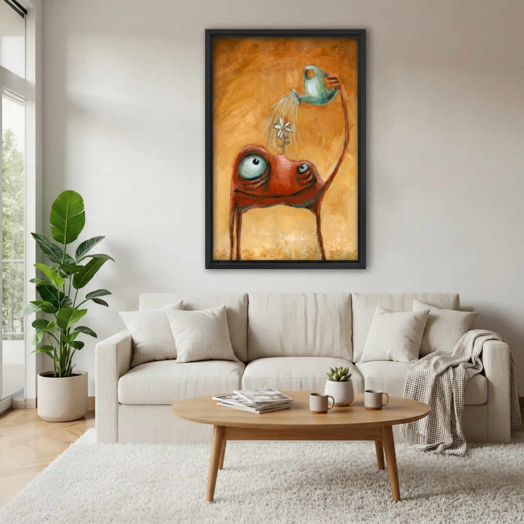 Framed frog watering flower wall art above a beige sofa with a wooden coffee table and leafy plant.